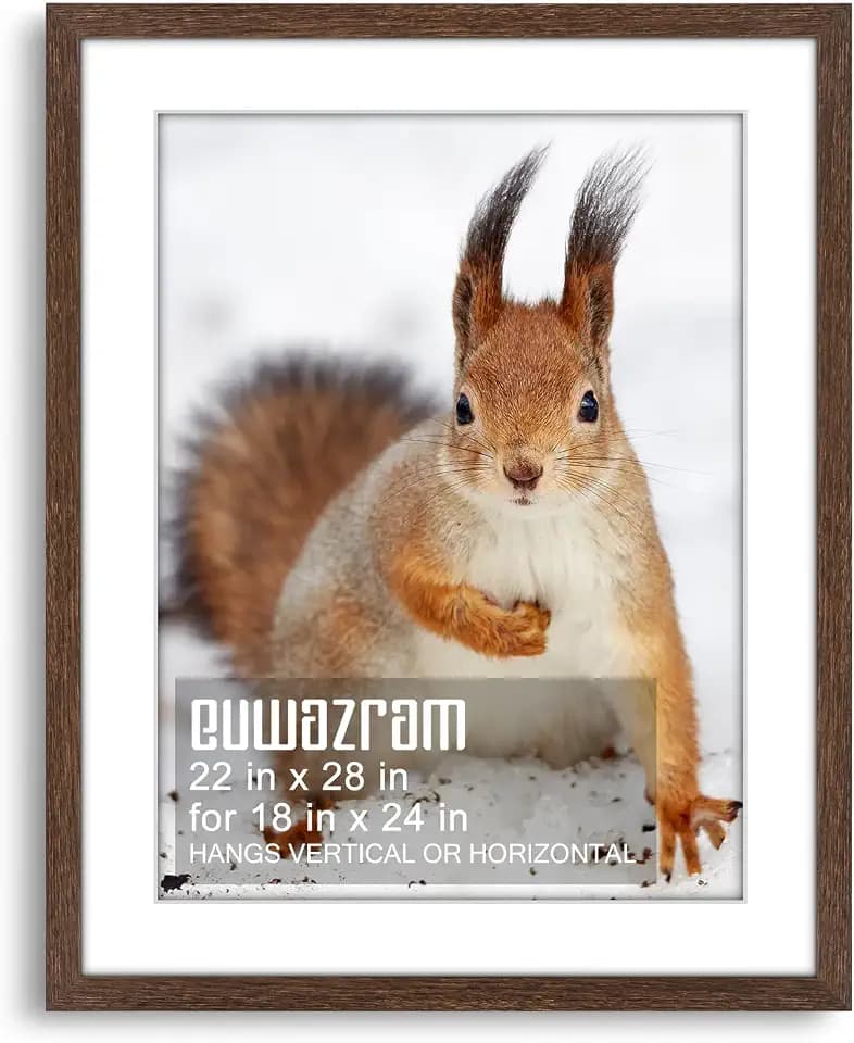 Solid Wood 22x28 Frame - Single Frame, Rustic Walnut 22 x 28 Poster Frame with Mat for 18x24, Picture Frames for Artwork, Puzzles, Photos and Movie Posters
