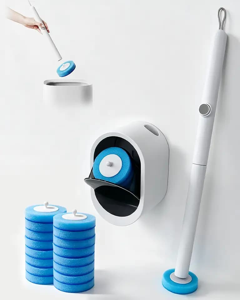 SOPAMI Disposable Toilet Brush and Holder Set with 16 Refills for Bathroom
