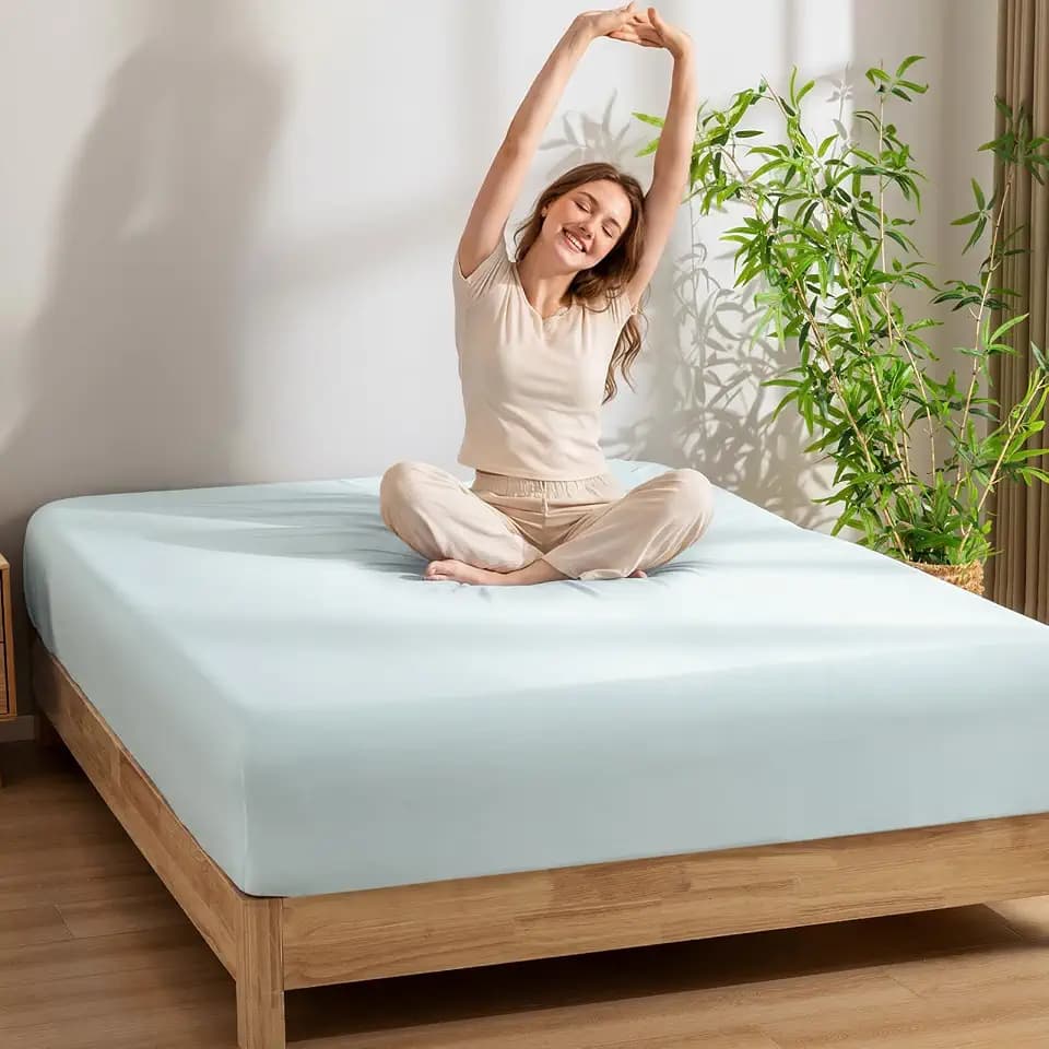 PHF 100% Rayon Derived from Bamboo Fitted Sheet Queen Size, 16" Deep Pocket,2.5cm Wider Strong Elastic Easy Fit, Breathable Silky Soft Skin-Friendly for Hot Sleeper, 60"x 80", Ice Blue, No Pillowcase