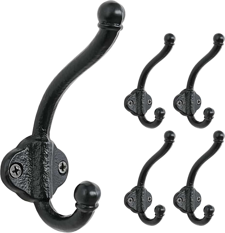 Dseap Cast Iron Wall Hooks L=5”, Heavy Duty Coat Hooks, Rustic Vintage Farmhouse Hook for Hanging Winter Coats Jackets Towels Hats Bags Plants, Antique Black, Pack of 5 (VintageBold)