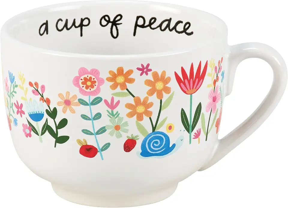 Primitives by Kathy Stoneware Latte Mug 18 oz, A Cup Of Peace Floral Coffee Cup | Novelty Inspirational Drinkware & Kitchen Gifts