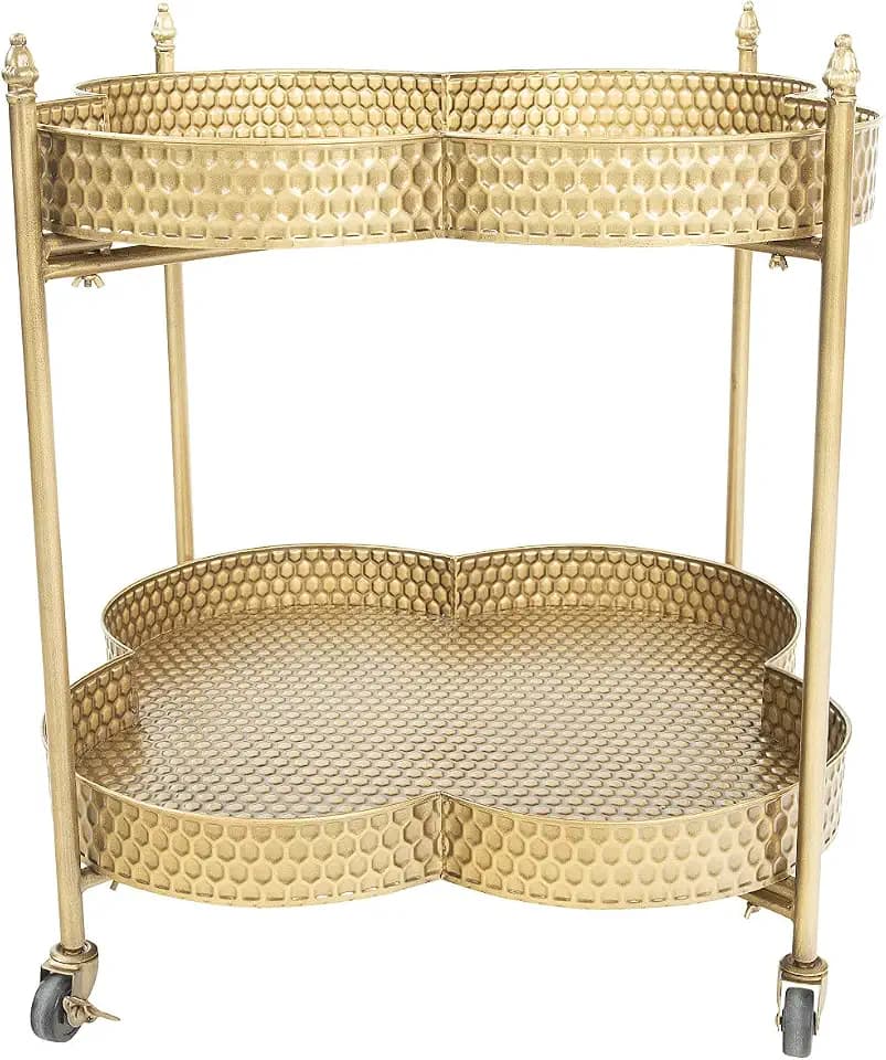 Creative Co-Op Vintage Clover-Shaped 2-Tier Hammered Metal Bar Cart with Wheels, Brass Finish