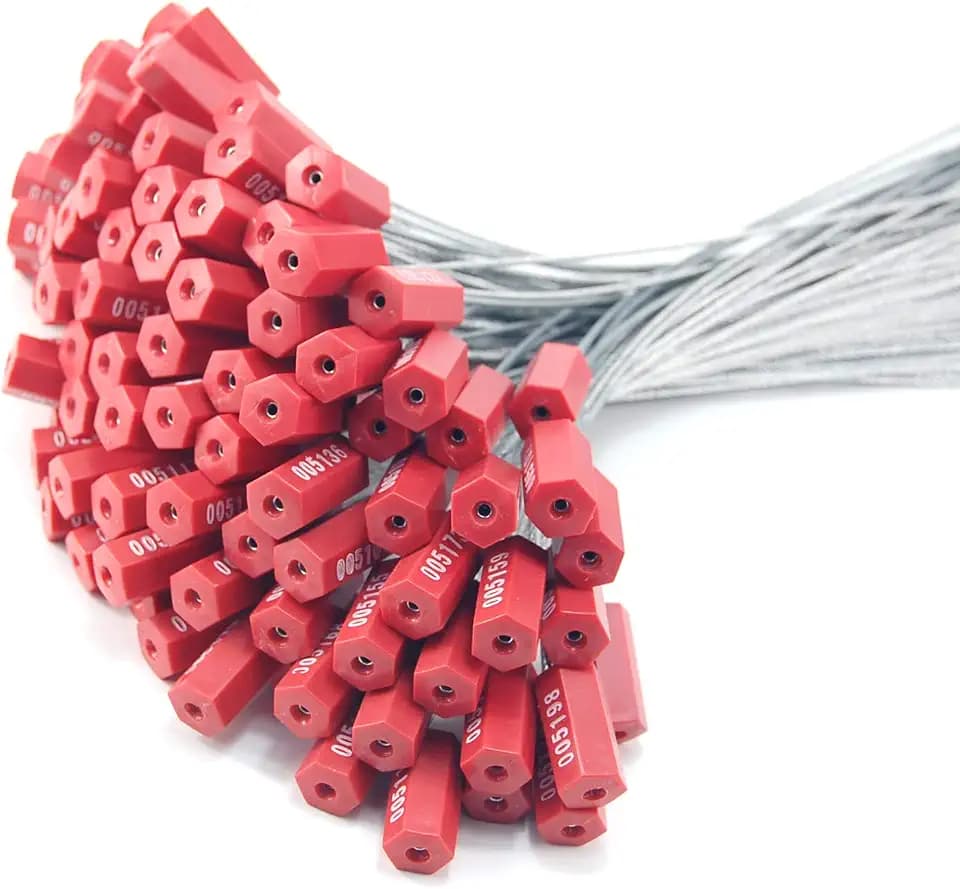 50 Numbered Steel Cable Security Seals - Metal Wire Tamper Seals, Pull Tight Cable Tie for Containers (Red)