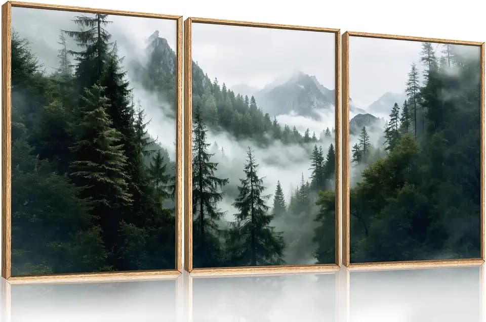 HOURIA Boho Forest Mountain Framed Canvas Wall Art Set-24"x36"x3
