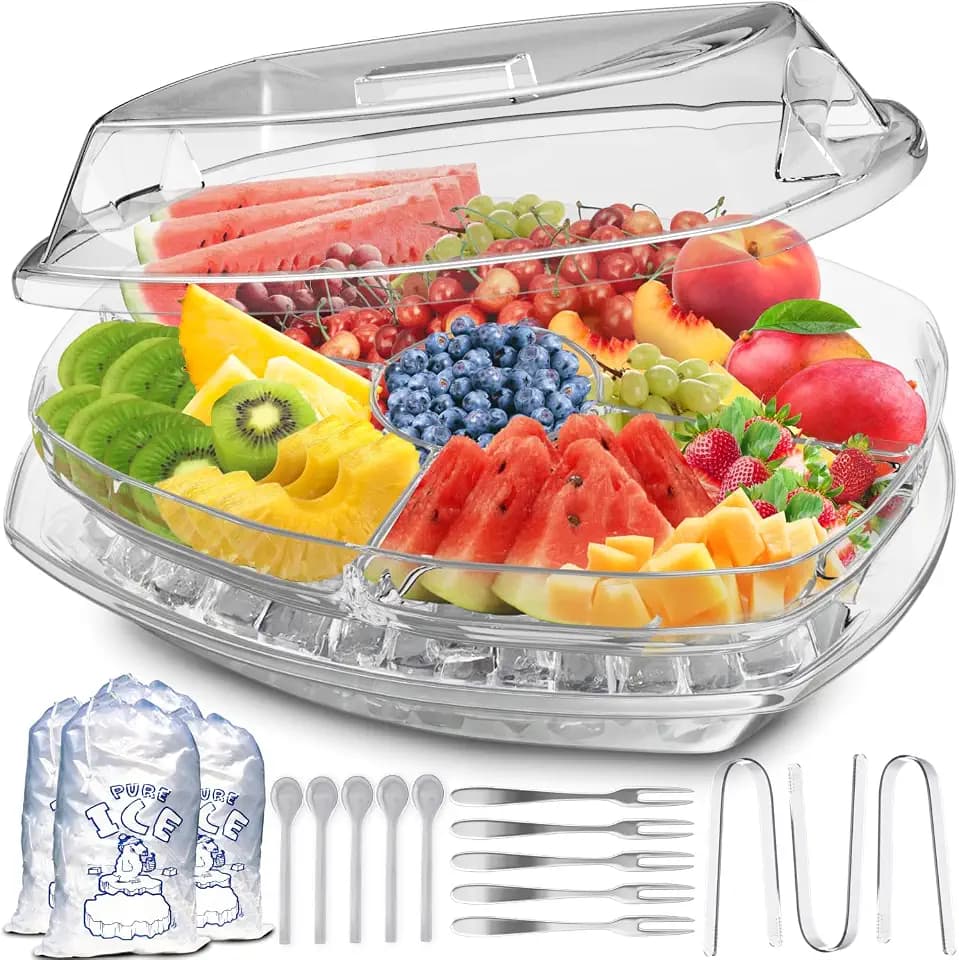 Ice Chilled Serving Tray for Parties, Fruit Tray with Ice Bottom, 15 in