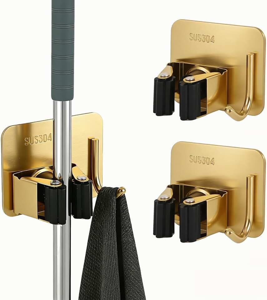 Mop and Broom Organizer Wall Hanging No Drill,Metal Utility Tool Hangers Wall Mountable,Garage Closet Organizer Heavy,Storage Rack Self Adhesive 2Pcs for Bathroom, Kitchen, Office,Laundry.Gold