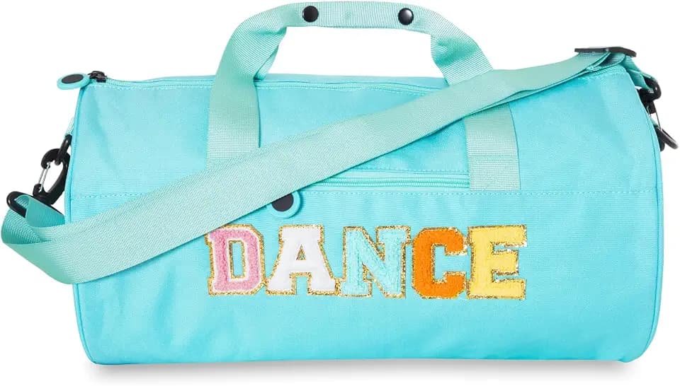 Dance Duffle Bag for Girls Large Size, Lightweight Gymnastic Sports Bag with Chenille Letters, 16.5x9x9 Inch, for Ballet, Cheer, Athletes, Ages 4-10 (Blue)