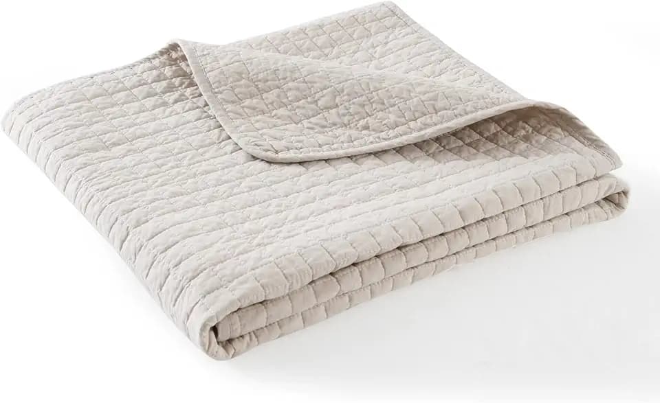 100% Cotton Quilted Throw Decorative Throw Blanket Multi Color Super Soft Warm Indian Vintage Reversible Quilt for Sofa and Couch 50"x60" (Natural Beige)
