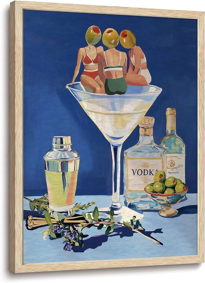 LHHJDIO Retro Martini Framed Wall Art Olive Party Wall Decor Whimsical Cheers Canvas Wall Art Abstract Cocktail Bar Picturesfor Living Room Dining Room