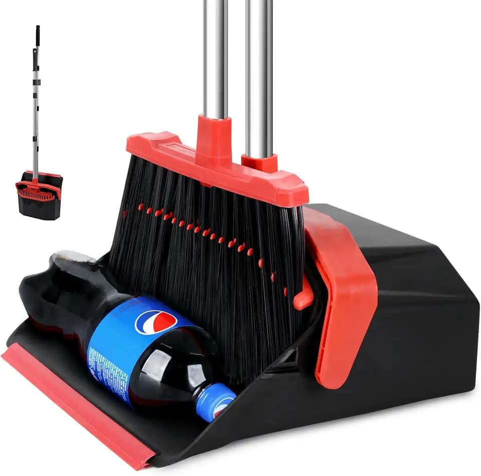 Broom and Dustpan Set for Home, 51" Long Handle Standing Dustpan Black Red