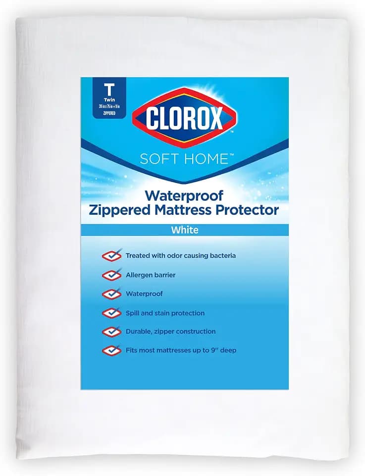 Clorox Waterproof Fitted Mattress Protector, Waterproof Vinyl, Durable Fitted Spill & Stain Protection Zippered Enclosure Twin Size - White (9" Depth)