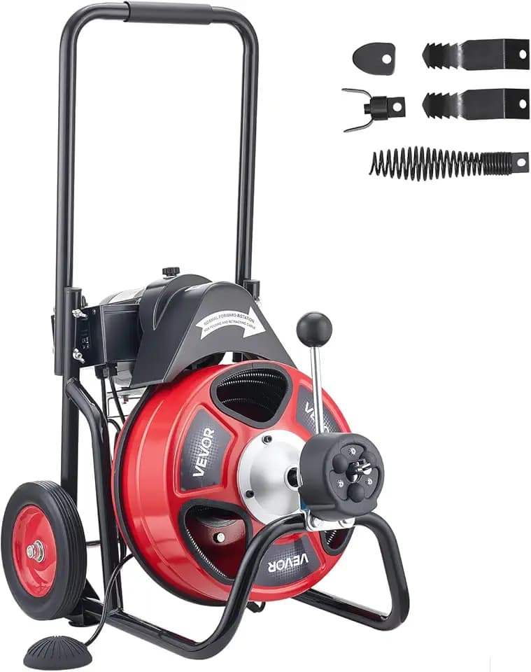 VEVOR Drain Cleaner Machine 50 FT x 3/8 Inch, Auto Feed Sewer Snake Auger on Wheels, Portable Drain Cleaning Machine with 4 Cutters & Air-activated Foot Switch for 2" to 4" Pipes