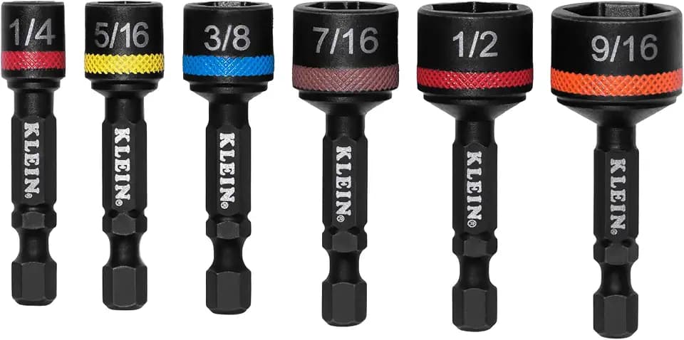Klein Tools 32926S 2-Inch Magnetic Power Nut Setters, Compact Impact Driver Set, Color-Coded, SAE, Impact-Rated, 6-Piece