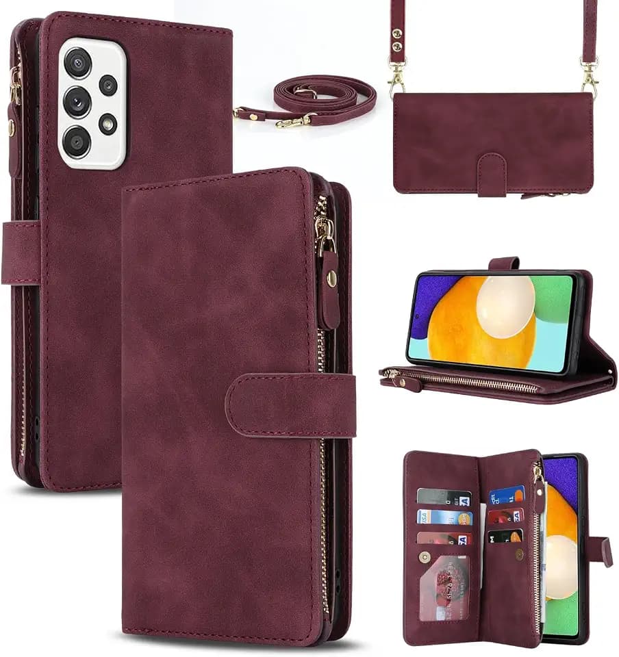 iCoverCase for Samsung Galaxy A52 5G Wallet Case with Card Holder for Women, Crossbody Lanyard Strap Kickstand PU Leather Case with Zipper Pocket Credit Card Slots Cover (Claret)
