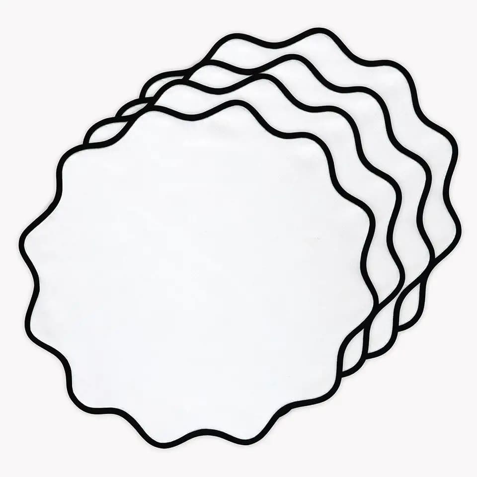Solino Home 100% Pure Linen Placemats, 16 in Round, Black Scallop, Set of 4