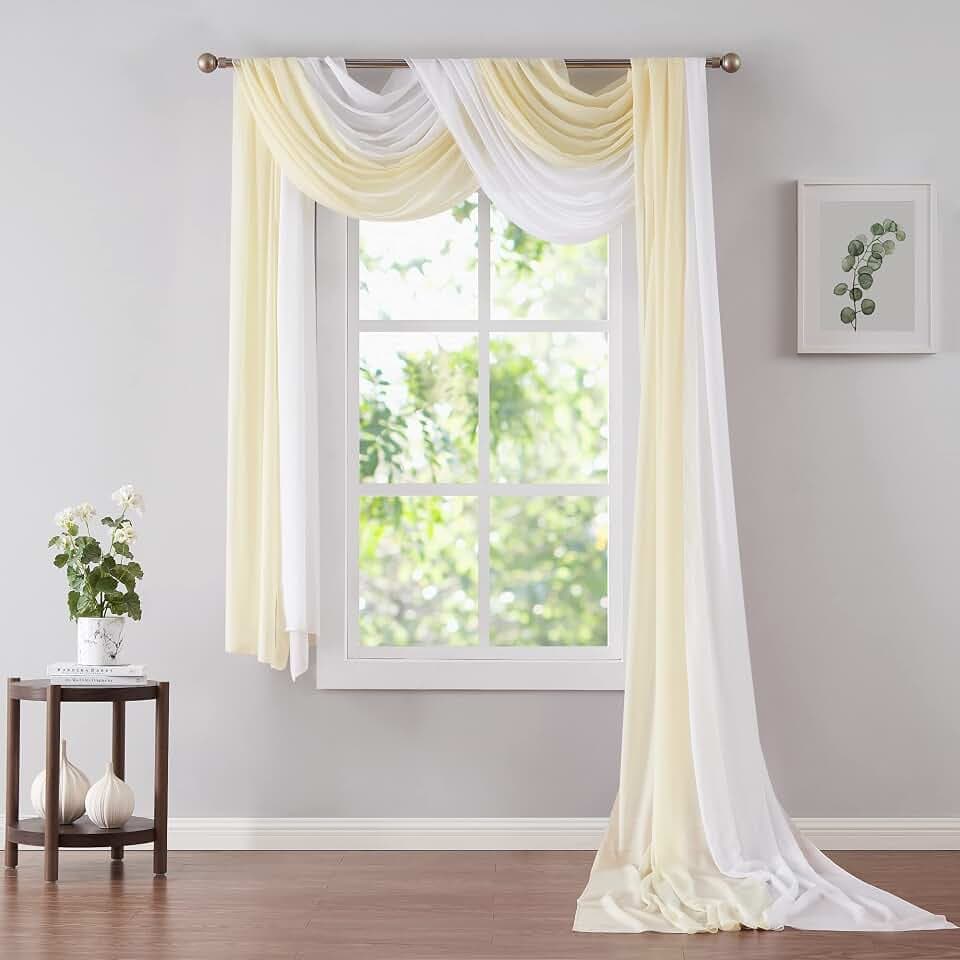 Warm Home Designs 2 144 Inch Chiffon Window Scarves. CHS White & Ivory 144