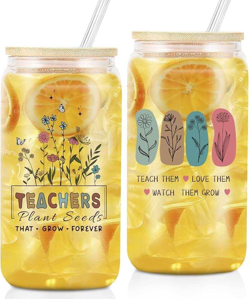 Teacher Appreciation Gifts - 16oz Can Shaped Glass Cup With Lid And Straw For Teacher 's Day Appreciation Gifts - Unique Thank You Teachers Gift Mothers Day Graduation from Students, Graduation Party