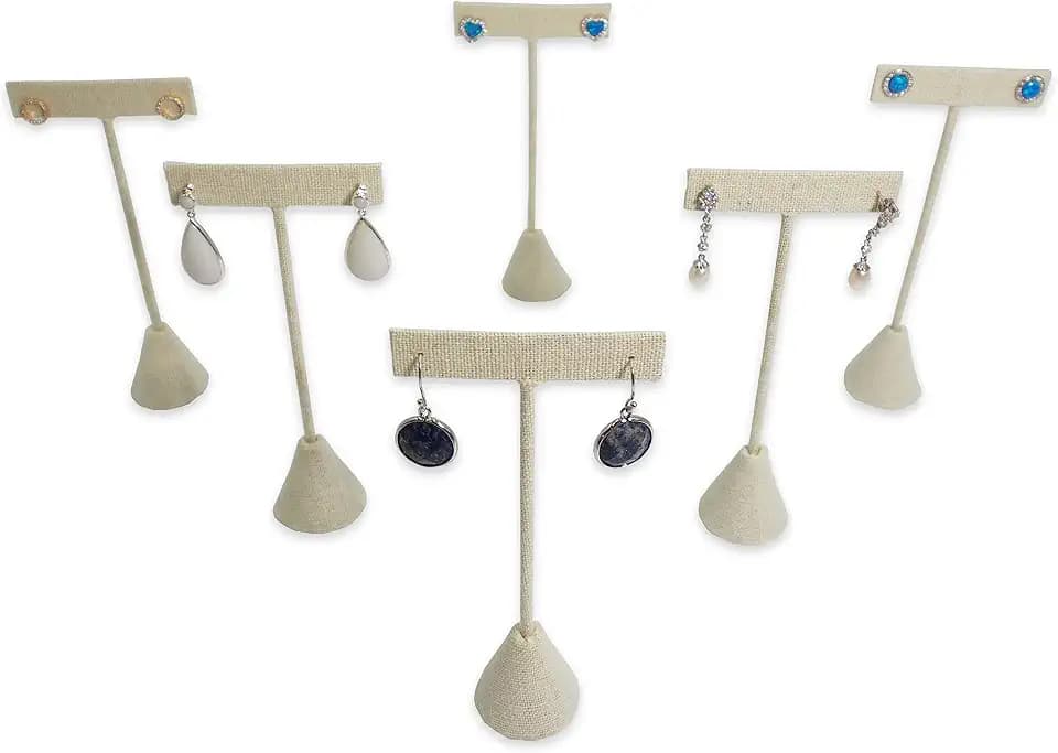 6Pcs Set Earring T Stand Display Set, Jewelry Display Stand for Showroom and Tradeshow Showcase Displays, various materials, 4 1/2 H in; 5 3/4 H in; 6 3/4 H in (Beige Linen)