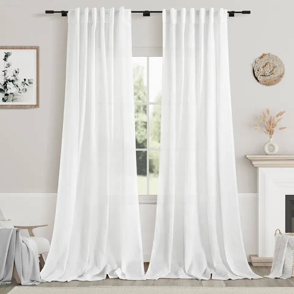 White Linen Curtains 108 Inches Long 2 Panels Set Back Tab Rod Pocket Semi Sheer Cotton Textured Light Filtering Extra Long Curtain Farmhouse High Ceiling Curtains for Living Room 9Ft 42x108