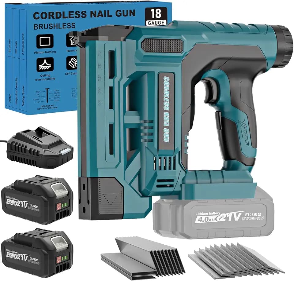 Nail Gun Cordless Battery Powered, 18 Gauge 2 in 1 Brad Nailer & Staple Gun, Electric Nail Gun with 1000pcs Nails & 1000pcs Staples for Wood, Upholstery & DIY Projects, Depth Adjust