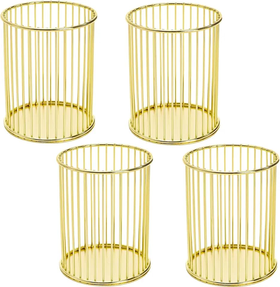 Yopay 4 Pack Gold Pencil Holder, Metal Pen Cup Makeup Brush Holder for Desk, Round Wire Mesh Desktop Organizer for Office School Home Vanity, Aesthetic Cylindrical Storage Organizer for Art Supplies