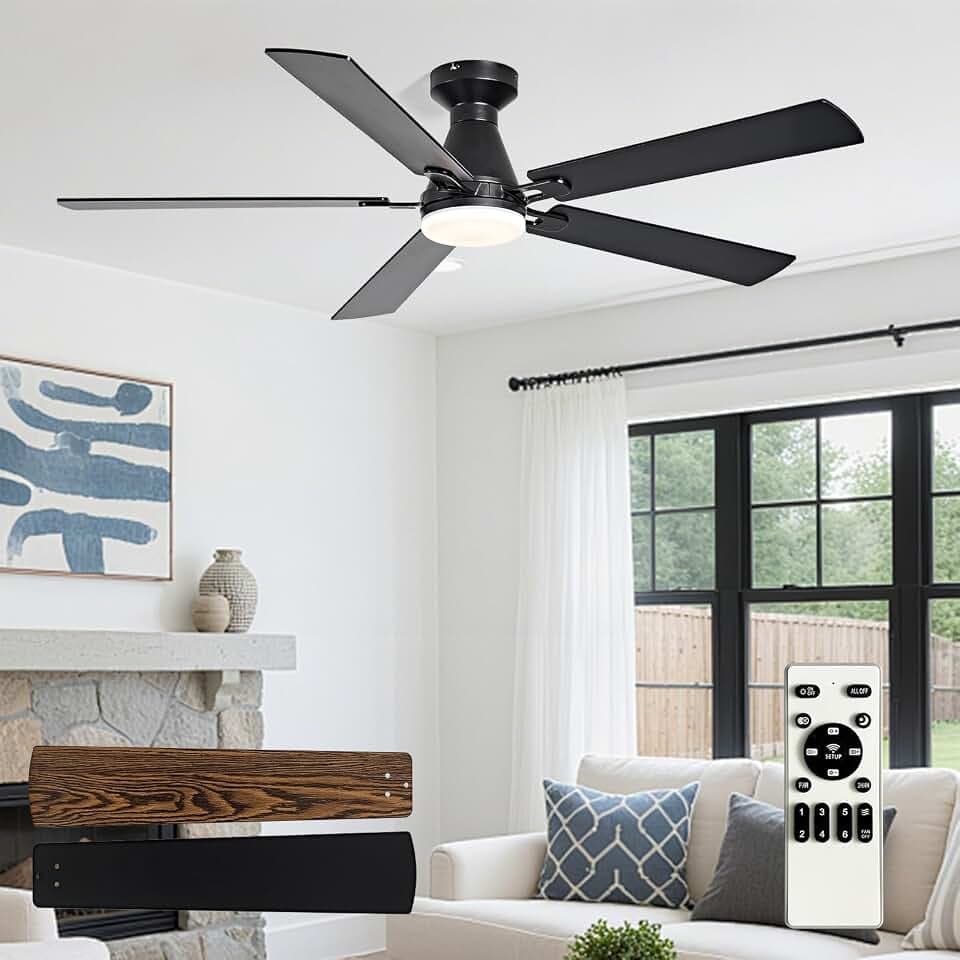 Depuley Modern Ceiling Fan with Light: 52-Inch Black Flush Mount Fandelier