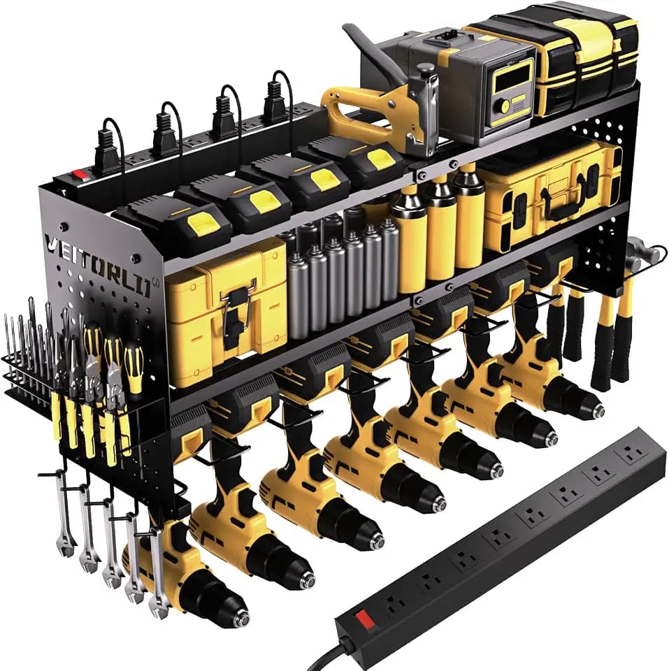 Veitorld Large Power Tool Organizer with Charging Station, 3 Layer Heavy Duty Modular Wall Mount Rack with 9 Drill Holders for Garage Workshop, Battery Utility Rack with 8-Outlet Power Strip