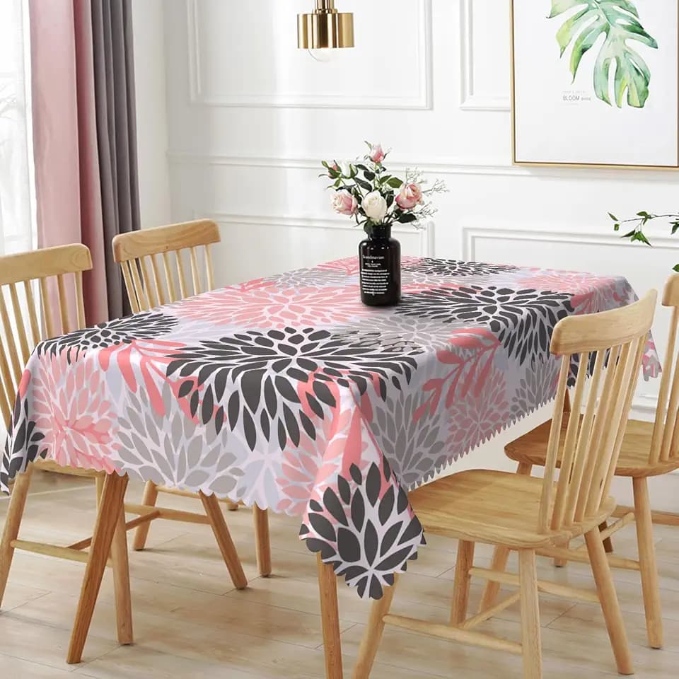 52x70inches Dahlia Pinnata Tablecloth Pink and Grey Floral Printed Abstract Modern Art Fabric Table Cloth Washable Wrinkle Free Rectangle Table Cover for Home Kitchen Dining Room Party Decor