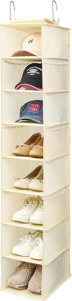 Berdeng Hanging Shoe Organizer for Closet with Side Mesh Pockets,Hat Racks for Baseball Caps,Shoe and Hat Holder & Storage,8-Shelf,Beige,1 Pack