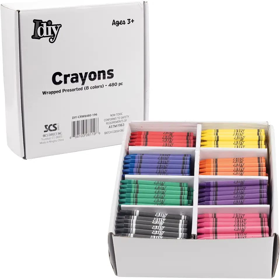SCS Direct IDIY Wrapped Bulk Wax Crayons 480 Count- 8 Colors (60 Each) ASTM Safety Tested & Pre-Sorted for Kids, Teachers, School Classrooms, Parties, Restaurants, Non-Toxic Arts & Crafts Supplies