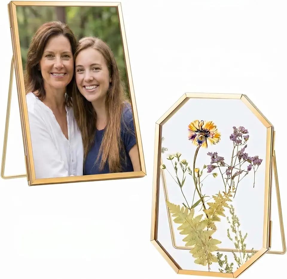 Qunclay 2 Pcs 4" x 6" Glass Pressed Flower Frame, Gold Double Glass Floating Picture Frame for Dried Flowers, Wedding Bouquet Preservation, Photo Display, Tabletop or Wall Decor, Octagon and Rectangle