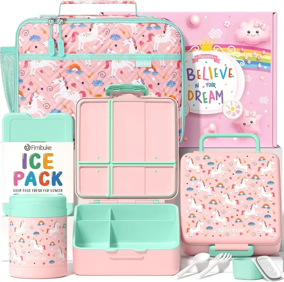 Fimibuke Kids Bento Snack Lunch Box with 4 Compartments, Insulated lunch Bag, Stainless Steel Thermo Food Jar, Ice Pack & Utensils, Unicorn Birthday Gifts for Age 3-12 Back to School Toddler Girl Boy