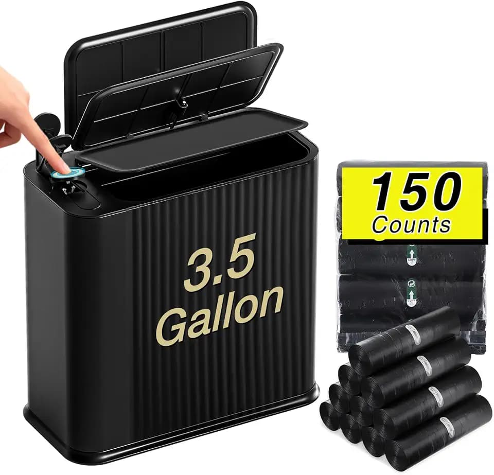 Bathroom Trash Can with Lid 13 Liter/ 3.5 Gallon Black Trash Can with Pop-Up Lid Bedroom Trash Can Small Garbage Can with 150 Counts Trash Bags for Small Bathroom Bedroom Office