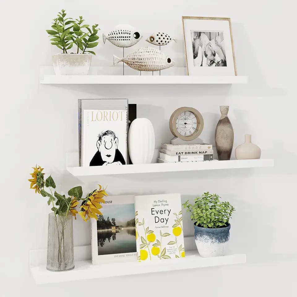 Axeman Picture Ledge Shelf, 24 Inch White Floating Shelves Set of 3