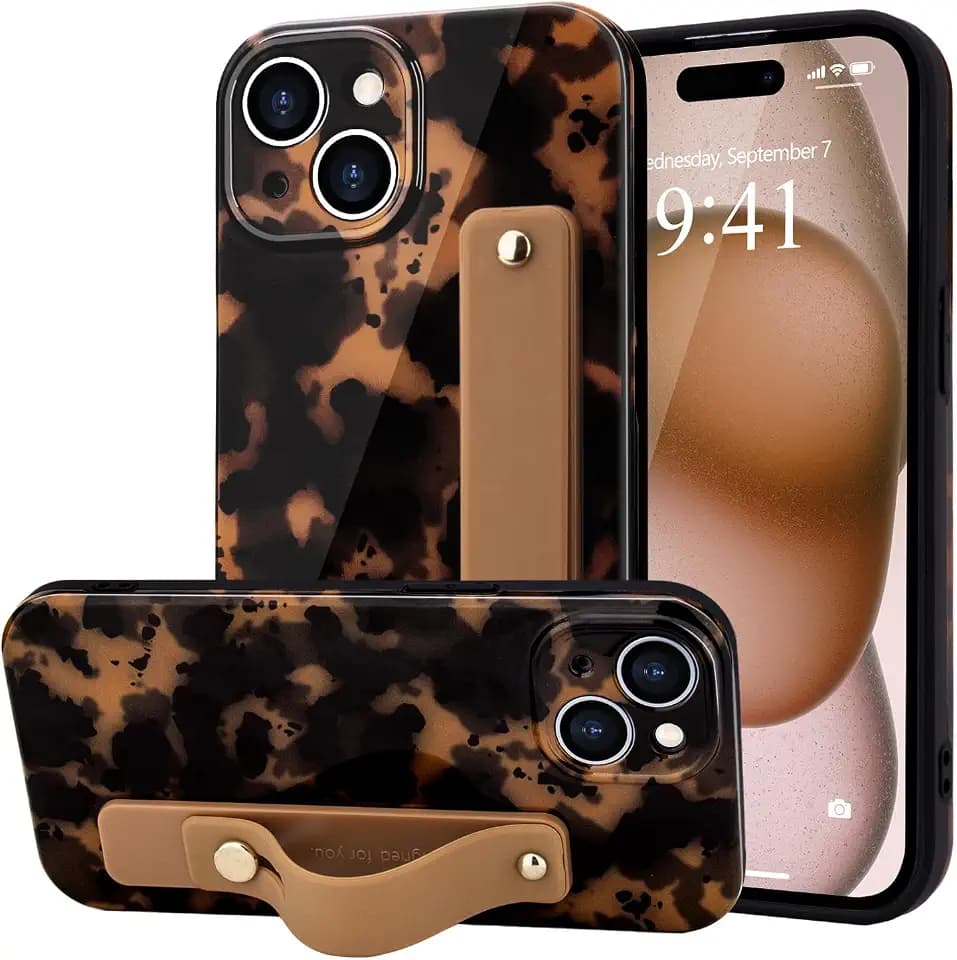 LAPOPNUT for iPhone 14/13 Case Cheetah Leopard Tortoise Shell Strap,Brown