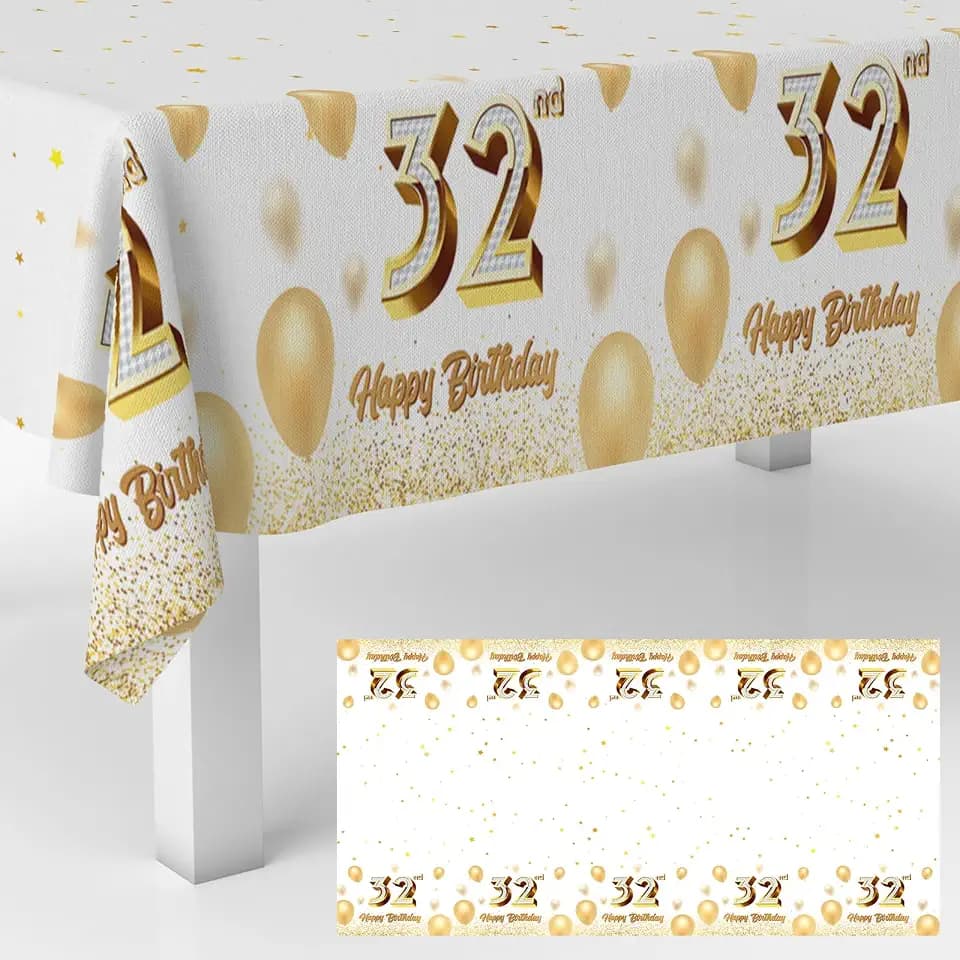 Happy 32nd Birthday Tablecloth White and Gold Glitter Balloons Table Cover for 32 Years Old Men Women Birthday Party Decorations Anniversary Celebration Rectangular Tabletop Decor