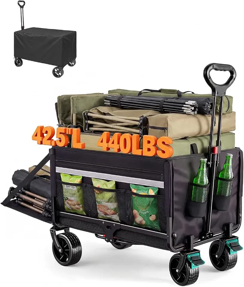 Collapsible Wagon 440lbs Load 42.5" Extra Long with Brake, Cover, Tailgate