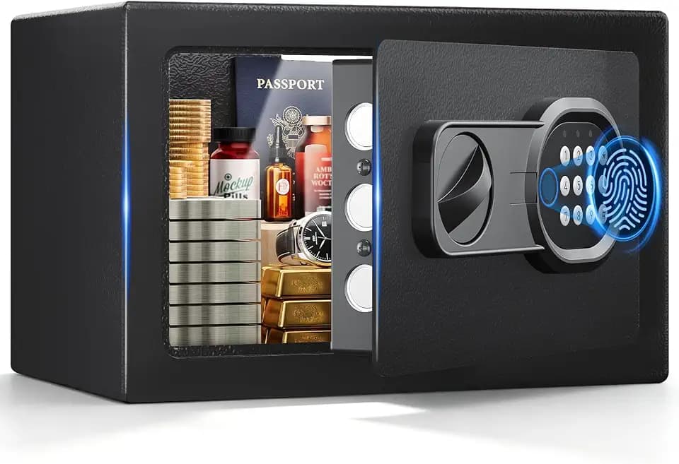 Biometric Safe Box, 0.44 Cu Ft Fingerprint Safe with Keypad & Key Access, Hidden Security Safe for Cash, Jewelry & Valuables, Home, Office, College Dorm