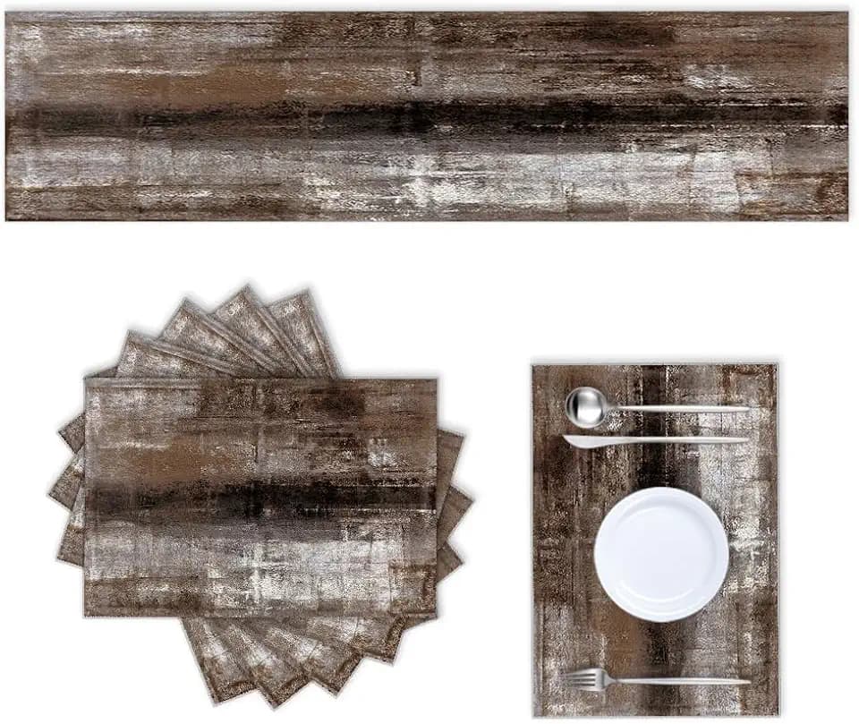 LOKMU Dark Brown Table Runner and Placemats Set of 6, Abstract Paint Art Home Table Decor for Dining Farmhouse Wedding Party Holiday Dinner, 72x13 inches Table Runner and 6 Placemats