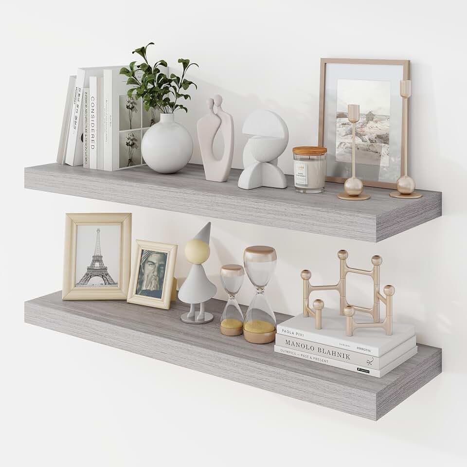 Acovy 30 Inch Floating Shelves, 9.3" Deep Floating Shelf Wall Mounted, 30" Wall Shelves, Rustic Deep Bookshelf, Large Display Shelves & Storage Shelves for Bedroom, Living Room, Gray, Set of 2