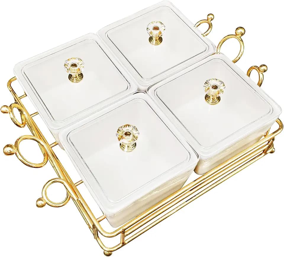 YA JU Ceramic Bowls and with Lid Gold Basket Trays, 4 Removable Small Bowls Condiment Trays Nut Serving Set for Snacks, Fruits, Candy and Condiments - Great for Parties, Holiday Gifts,White