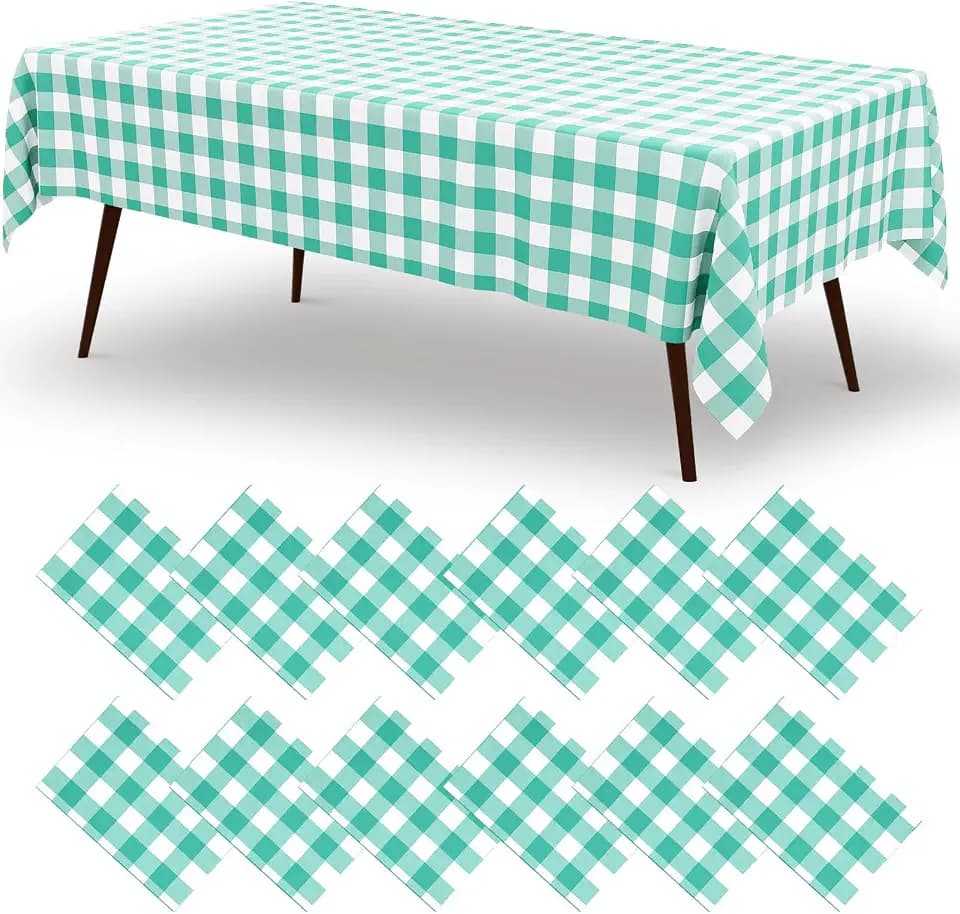misaya 12 Packs Teal White Buffalo Gingham Plastic Disposable Table Cloth