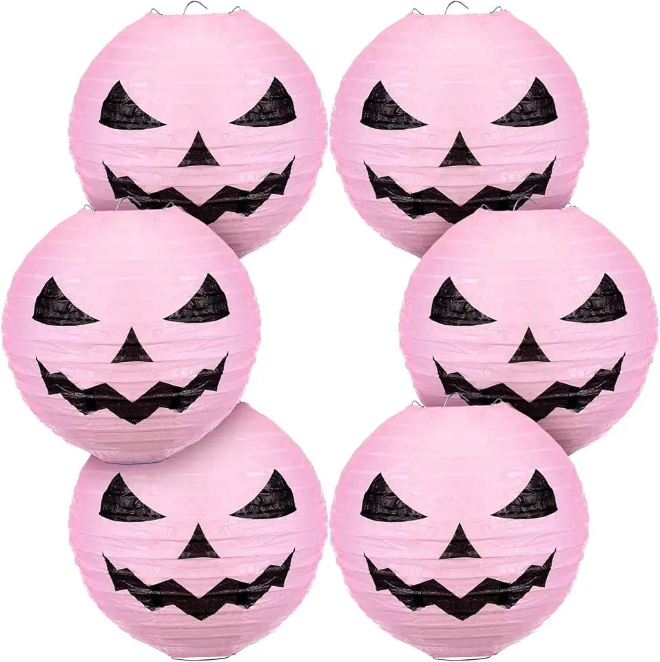 Riakrum 6 Pcs 8 Inch Halloween Pink Pumpkin Lantern Decoration Hanging