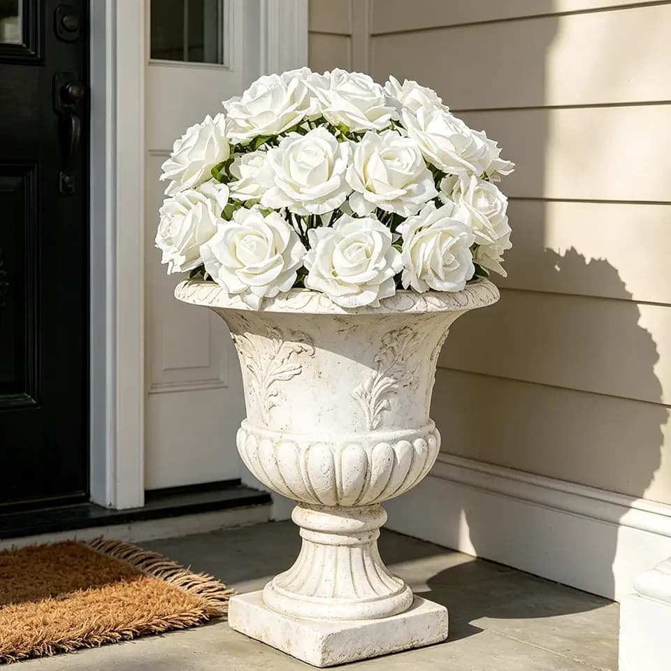 INXUGAO Artificial Flowers Fake Roses, 10 Pcs 28" Long Stem Silk White Roses for Outdoor Indoor, Realistic Faux Flowers for Tall Planter Vase Porch Patio Decor