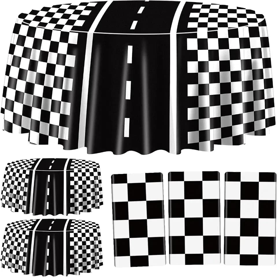 Racing Car Tablecloths for Round Table, Plastic Black Racetrack Tablecover for Kid's Birthday Racing Car Theme Party Fast One Two Fast Party, 84 x 84in