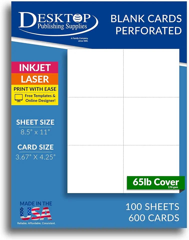 Blank White Perforated Cardstock 6-Up 4.25" x 3.67" Cards - 65lb Cover - Inkjet & Laser Printable - DIY Cards, Labels, RSVPs - 100 Sheets / 600 Cards - Made in USA