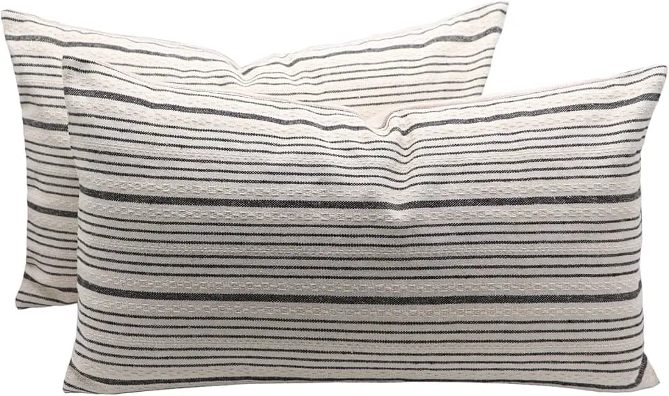Black Striped Outdoor Lumbar Pack of 2 Throw Pillow Covers 12x20