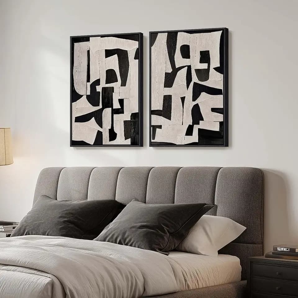 Large Framed Black and Beige Abstract Wall Art, Set of 2 Piece Minimalist Canvas Paintings Artwork for Walls, Modern Art Prints Pictures for Living Room Hallway Dining Room Bedroom Office Wall Decor