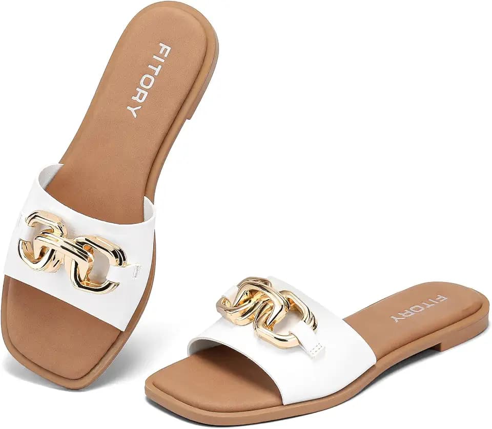 FITORY Women’s Sandals Fashion Soft Slides with Gold Buckle for Summer