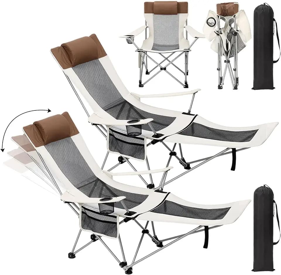 Colingmill 2 Pcs 2 in 1 Reclining Camping Chair with Footrest for Adults Folding Lounger Mesh Beach Chair Adjustable Backrest Lightweight Lawn Chairs for Camping Tailgates Outdoor Beach(Beige)
